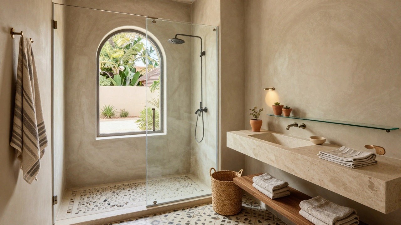 A bathroom with beige plaster walls and an arched niche enclosing a glass shower enclosure with black rain showerhead, next to a wood vanity holding potted plants, arched window, and patterned tile floor.