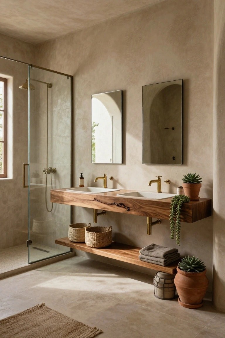 Modern bathroom with beige textured walls, glass shower enclosure, arched mirror, floating live-edge wooden vanity with two white sinks and brass faucets, potted plants, woven baskets, and a woven rug on the floor.
