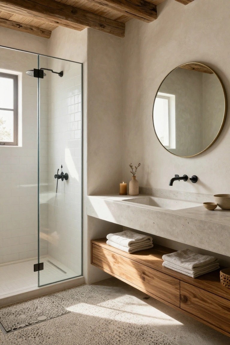 Modern rustic bathroom with concrete sink, wood vanity, and glass shower.