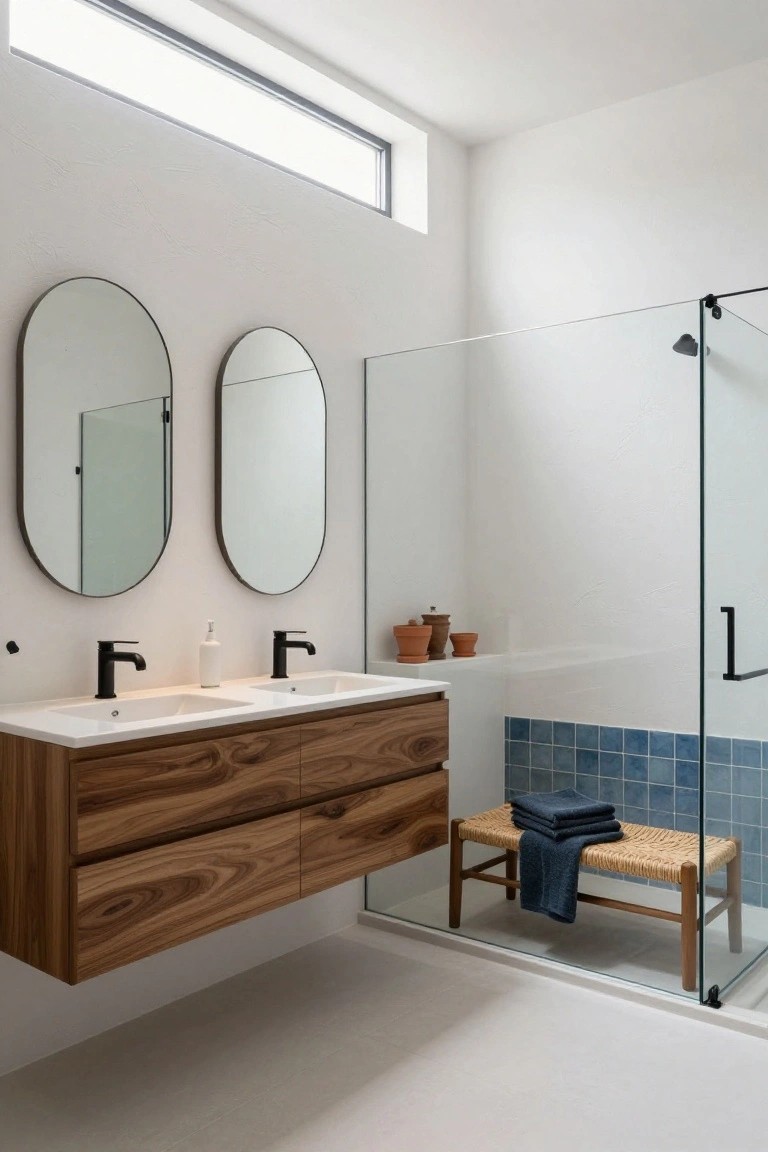Modern bathroom featuring a floating double wooden vanity with two oval mirrors, black faucets, white sinks, glass shower enclosure with blue tiled lower wall, wooden stool draped with blue towels, and clerestory window.