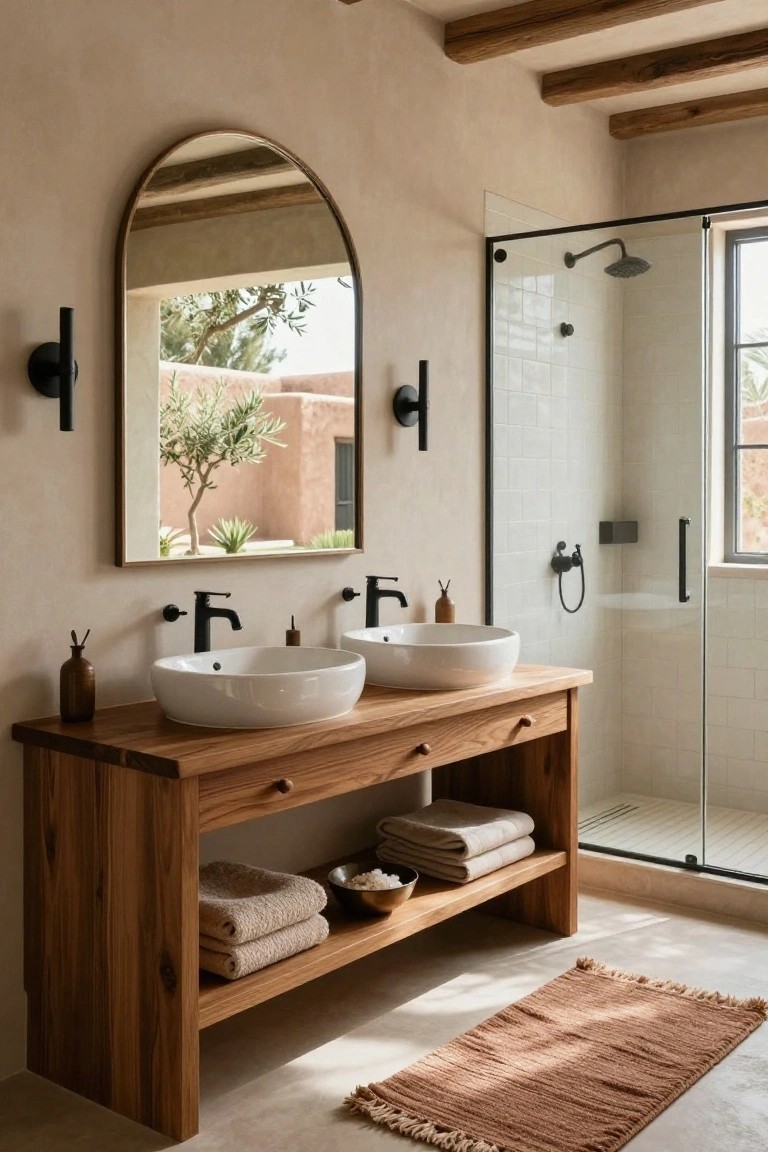 Bathroom interior with beige walls, large arched mirror, wooden double vanity holding two white vessel sinks and open lower shelving with towels, black wall sconces, and glass shower enclosure showing outdoor view of olive tree and adobe structures.