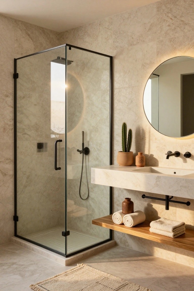 Corner glass shower with black metal frame in a bathroom clad in light beige veined stone tiles on walls and floor, featuring a floating white sink, round backlit mirror, wooden shelf with rolled towels, potted cactus, and beige rug.