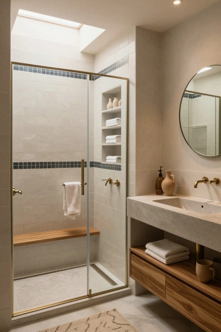 Modern bathroom with a large frameless glass shower enclosure containing a wooden bench seat, neutral beige subway tiles with dark blue accents, floating stone vanity with wood cabinets, round mirror, and skylight overhead.