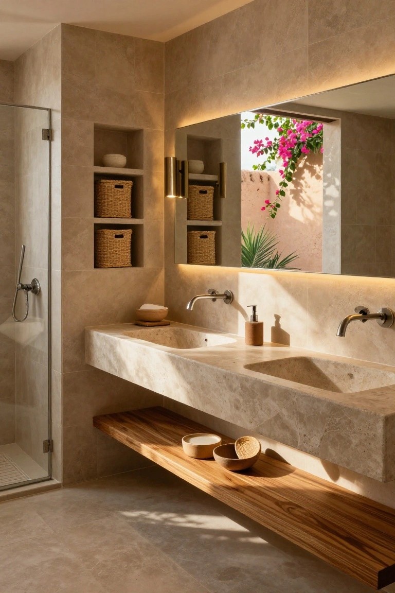 Modern bathroom with beige travertine tiled walls and floor, double floating travertine sinks, wooden shelf below holding baskets and bowls, glass shower enclosure, recessed niches with baskets, and large mirror with plants visible outside.