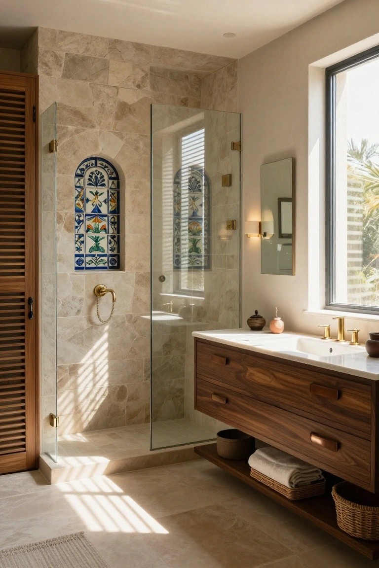 Modern bathroom featuring a glass-enclosed walk-in shower with beige travertine walls and a colorful talavera tile niche, wooden vanity with gold fixtures, and a large window overlooking palm trees.