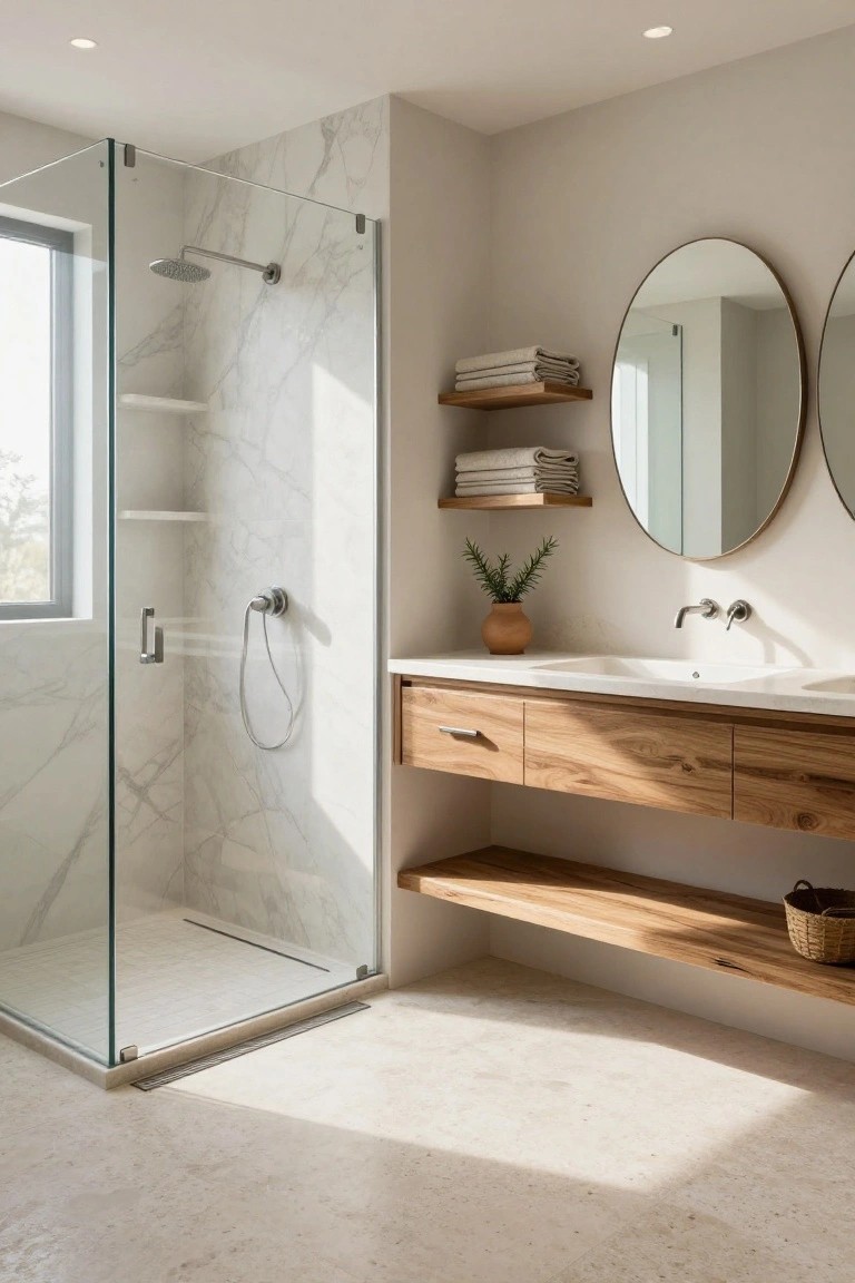 Modern bathroom with glass shower enclosure on white marble walls, floating wooden vanity with double sinks and open shelf below, two round brass mirrors, folded towels on wood shelf, potted plant on vanity, and light stone floor.
