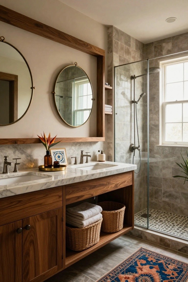 Modern bathroom with double walnut wood vanity, white marble countertop, two round brass-framed mirrors above, glass shower enclosure with gray tile walls, potted plant, and woven baskets.