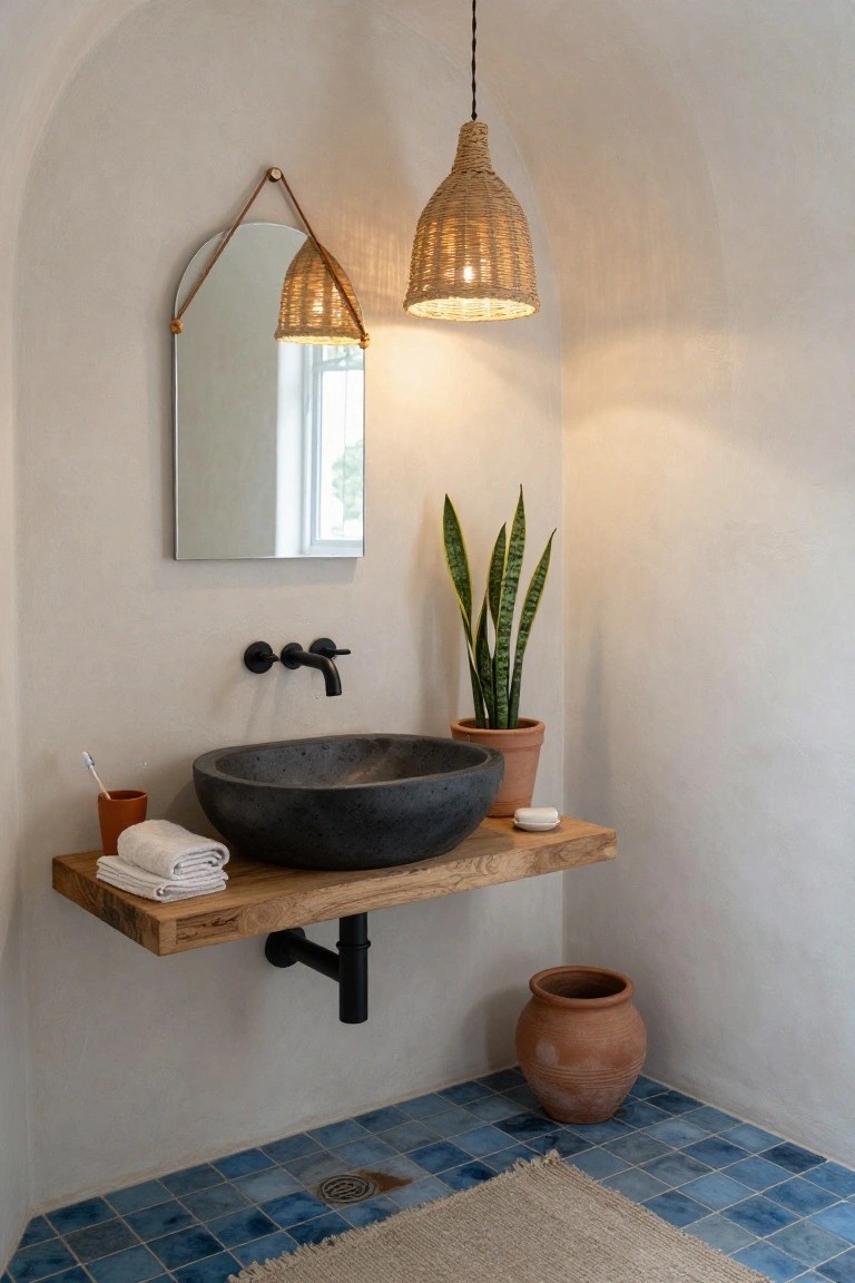 Bathroom nook with arched white walls, black stone vessel sink on floating wooden shelf, black faucet, round mirror with leather strap hanger, rattan pendant lights, snake plant in terracotta pot, orange mug and soap dish, blue tiled floor with woven rug and terracotta jar.