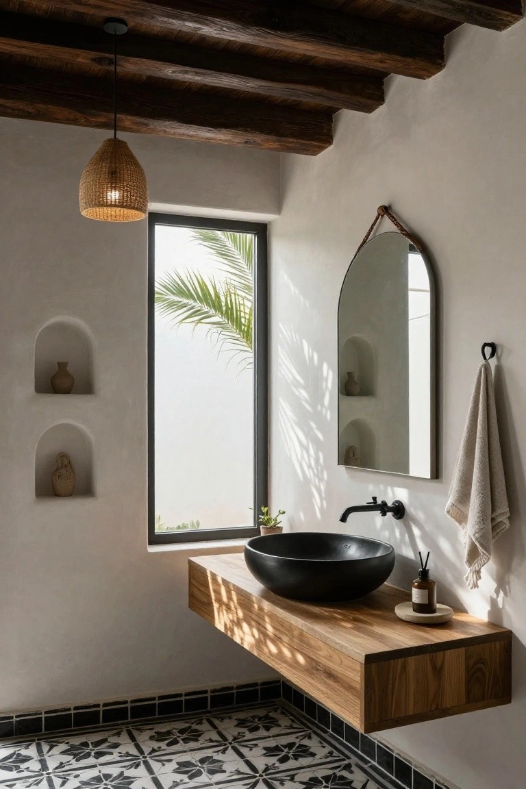 Bathroom with exposed wooden beam ceiling, white plaster walls and two arched niches holding pottery, tall black-framed window showing a palm tree outside, leather-strapped arched mirror with towel hook, floating wooden vanity supporting black vessel sink and small accessories, and black and white patterned floor tiles.
