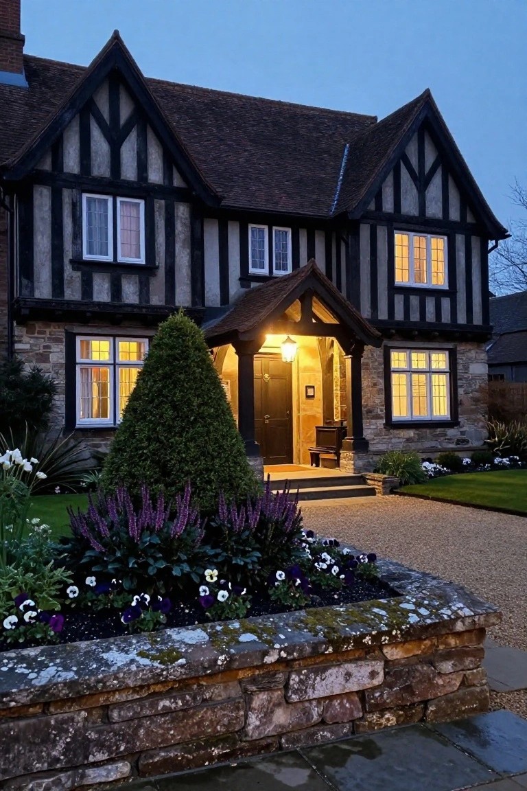 Twilight photo of a two-story black-timbered Tudor house with white-framed lit windows, stone base, covered entry porch, conical evergreen tree, purple flower border in stone bed, and gravel driveway.