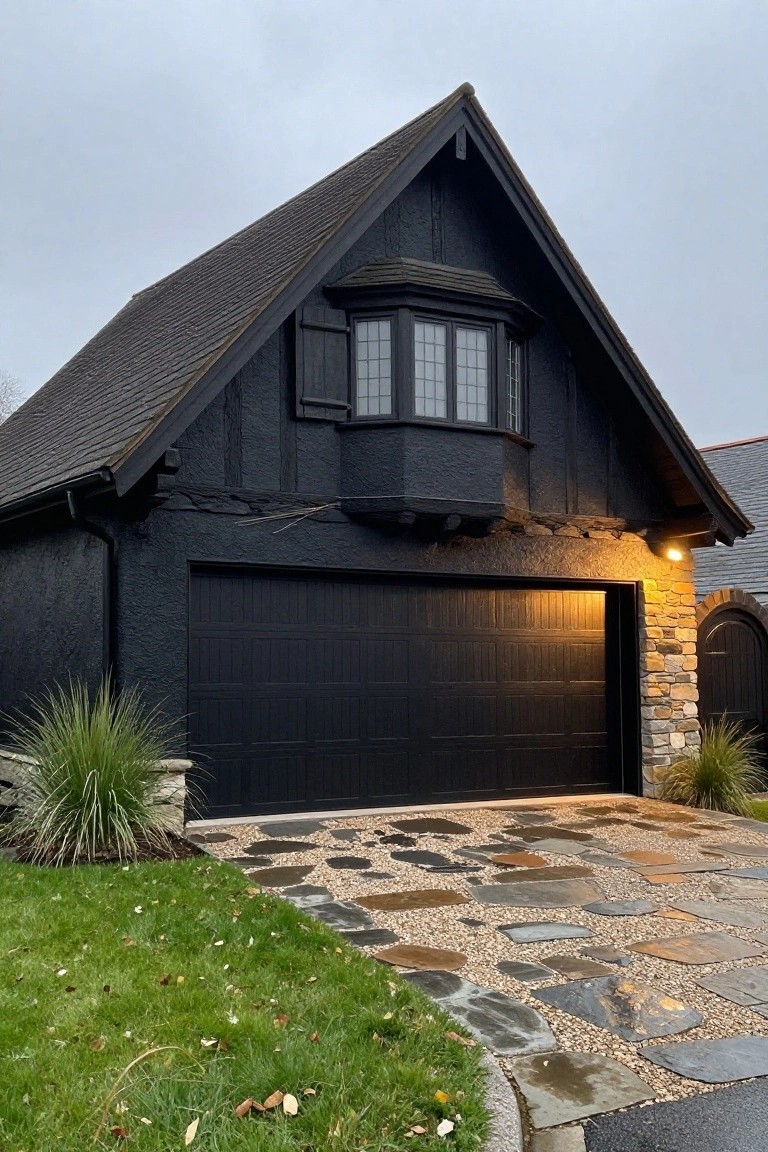Black-painted Tudor-style detached garage with steeply pitched roof, leaded glass bay window, large black garage door partially open, stone-accented archway, irregular pebble and flagstone pathway, ornamental grasses, and adjacent lawn under cloudy skies.