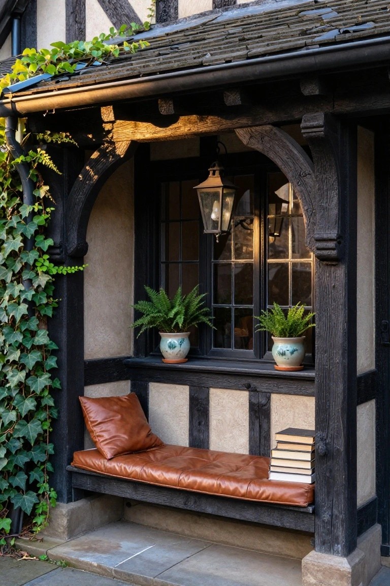 Close-up of a Tudor house exterior with black timber framing around an arched multipaned window, two potted ferns on the sill, ivy climbing the walls, a brown leather bench below the window, and stacked books on the bench.