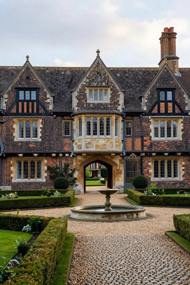 Tudor-style house exterior featuring dark brick walls, black half-timbering, gabled roofs, leaded windows, a stone-arched entry gate, central fountain, boxwood hedges, and gravel paths in a formal front garden.