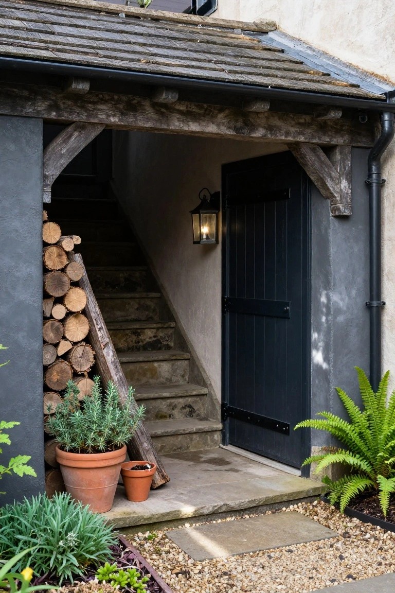 Rustic house entrance with black paneled door under timber beams, stone steps flanked by stacked firewood and potted rosemary, lantern light, gravel path edged with plants.