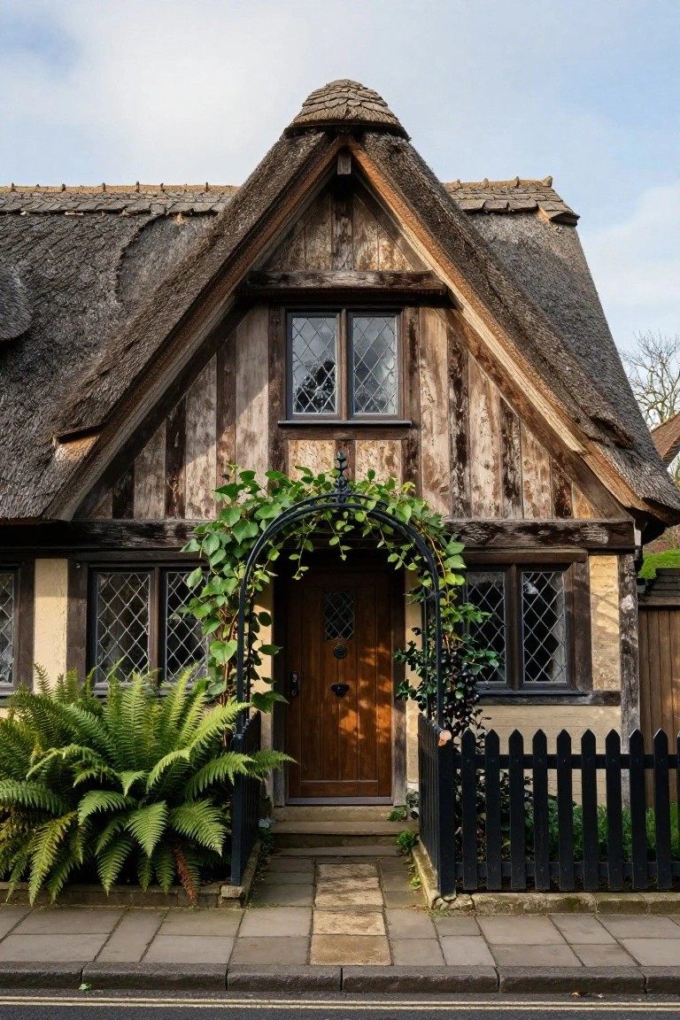 Small Tudor-style cottage with dark weathered timber framing, steeply pitched thatched roof, leaded glass windows, arched metal trellis covered in green ivy over a wooden door, large ferns in front, and black picket fence beside a stone path on a paved street.