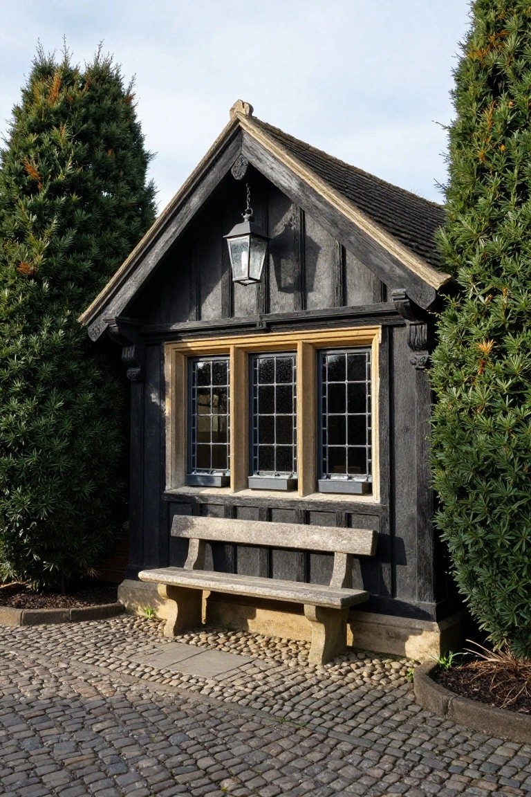 Small dark timber-framed Tudor-style outbuilding with three leaded windows, hanging lantern, stone bench in front, flanked by tall conifer trees on a cobblestone path.