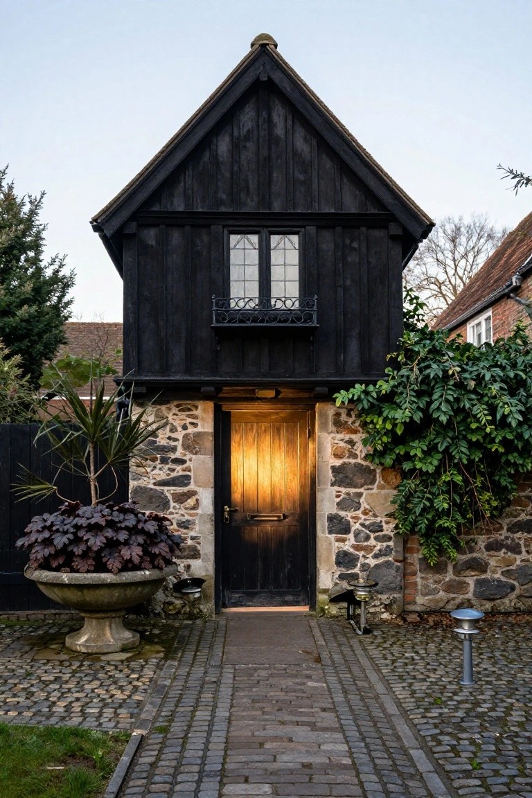 Black timber-framed Tudor-style house exterior with stone base, illuminated wooden door, potted plants, climbing vines, lanterns, and cobblestone path.