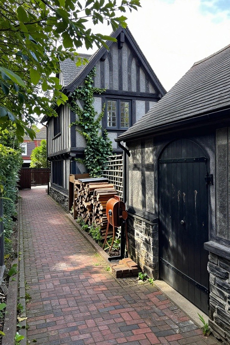 Narrow red brick pathway running alongside ivy-covered black half-timbered Tudor house walls, firewood stack, orange hose reel, and adjacent dark arched garage door.