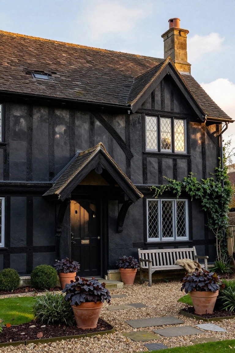 Two-story black half-timbered Tudor house with gabled entry porch, white leaded windows, ivy on one side, potted dark-leafed plants, wooden bench, gravel path, and lawn edging in the front yard.