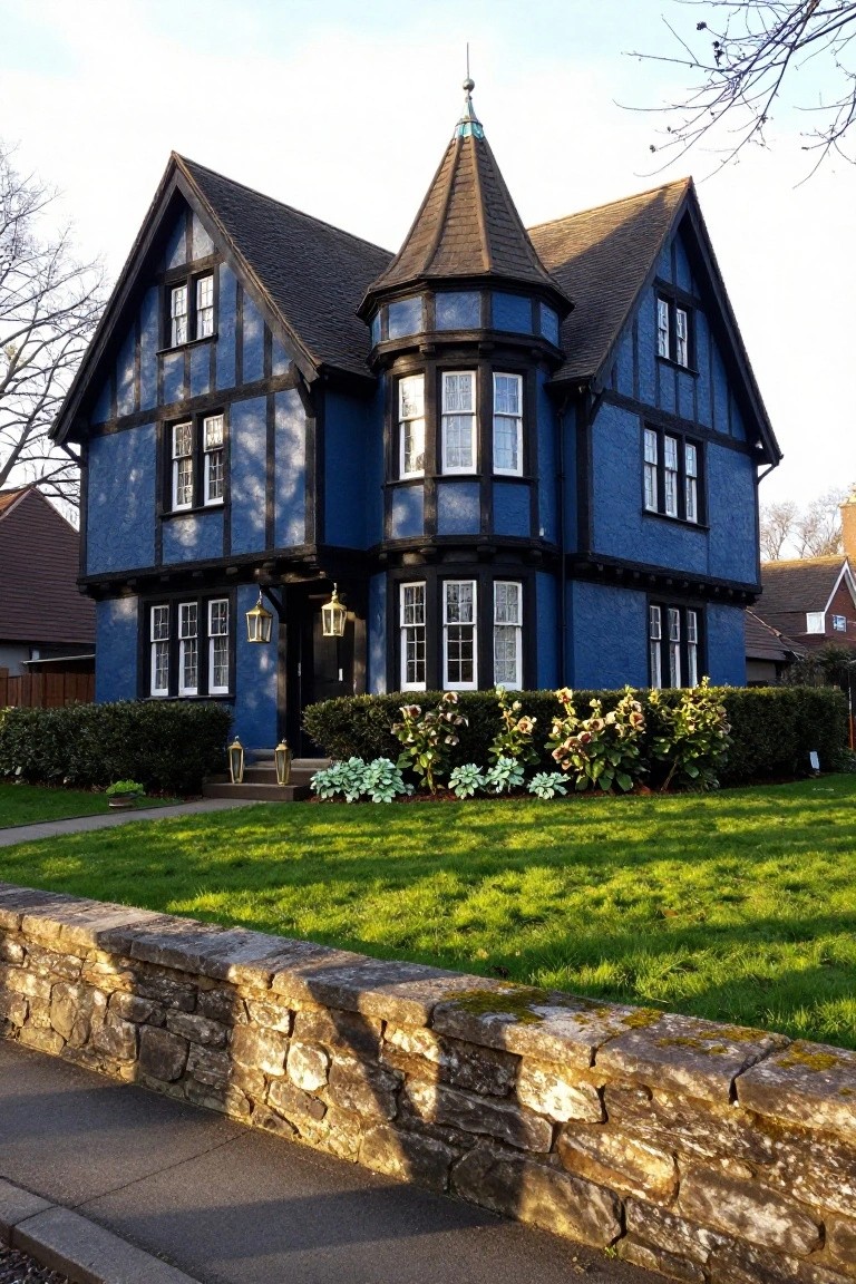 A two-story Tudor house painted deep navy blue with black half-timbering, featuring a conical turret, multi-paned windows, a centered black front door with brass lanterns, shrubs and perennials in the front yard, a stone retaining wall, and a concrete sidewalk.