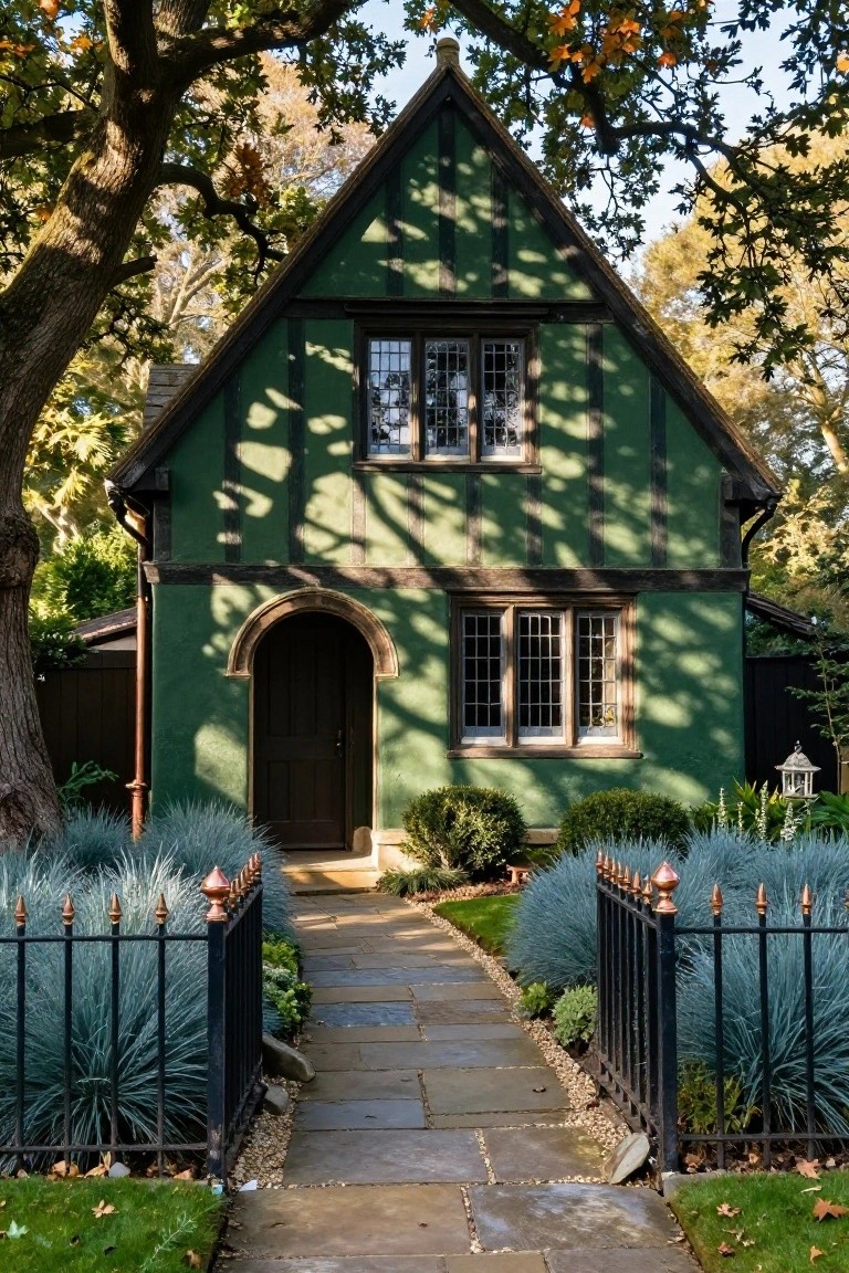 Green Tudor-style house exterior with dark timber framing, arched wooden entry door, multipaned windows, copper downspouts, flanked by blue ornamental grasses, black iron fence with copper finials, and stone pathway.