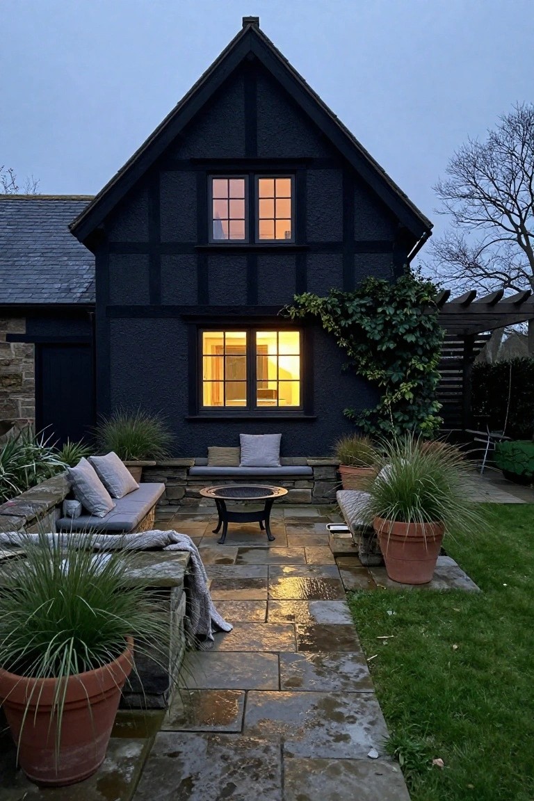 Dark navy half-timbered Tudor house exterior at dusk with lit multipane windows, stone-based seating area on wet slate patio, potted grasses, and ivy on pergola.