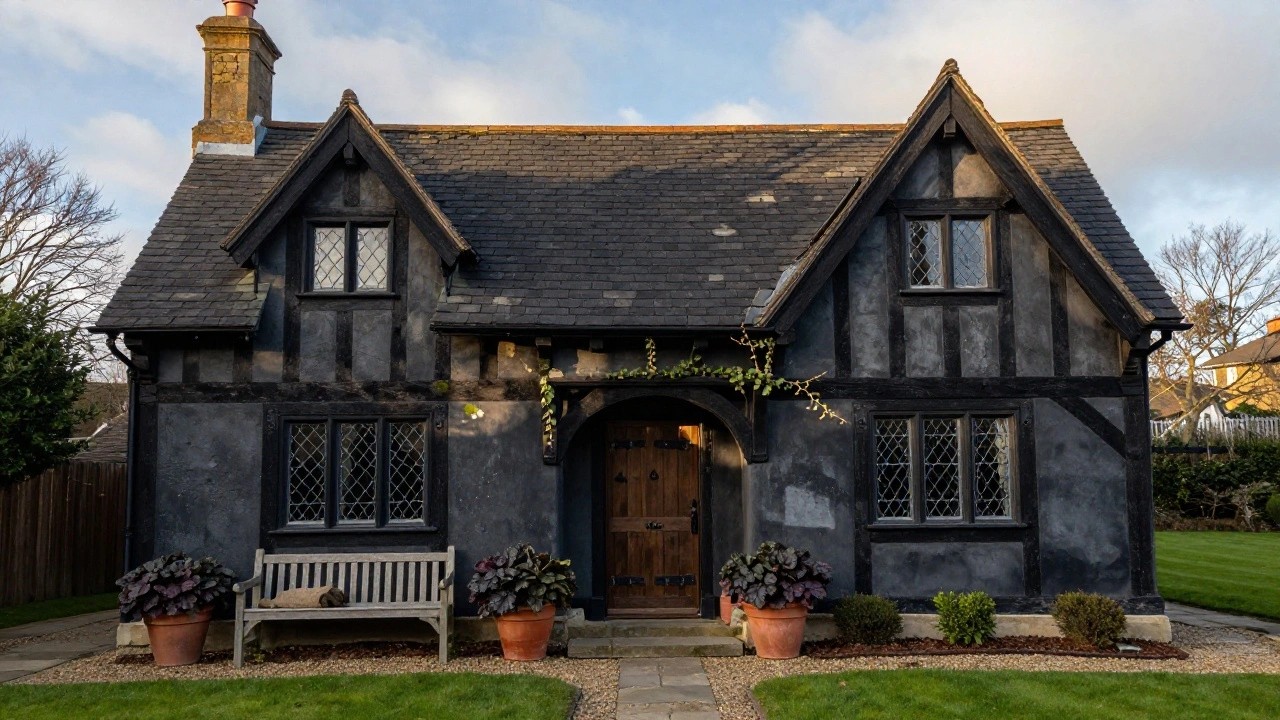 Two-story black half-timbered Tudor house with gabled entry porch, white leaded windows, ivy on one side, potted dark-leafed plants, wooden bench, gravel path, and lawn edging in the front yard.