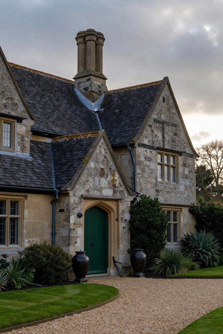 Stone Tudor house exterior with dark slate roof, arched green front door flanked by large black urns and plants including agaves and shrubs, gravel driveway curving around a lawn edge.