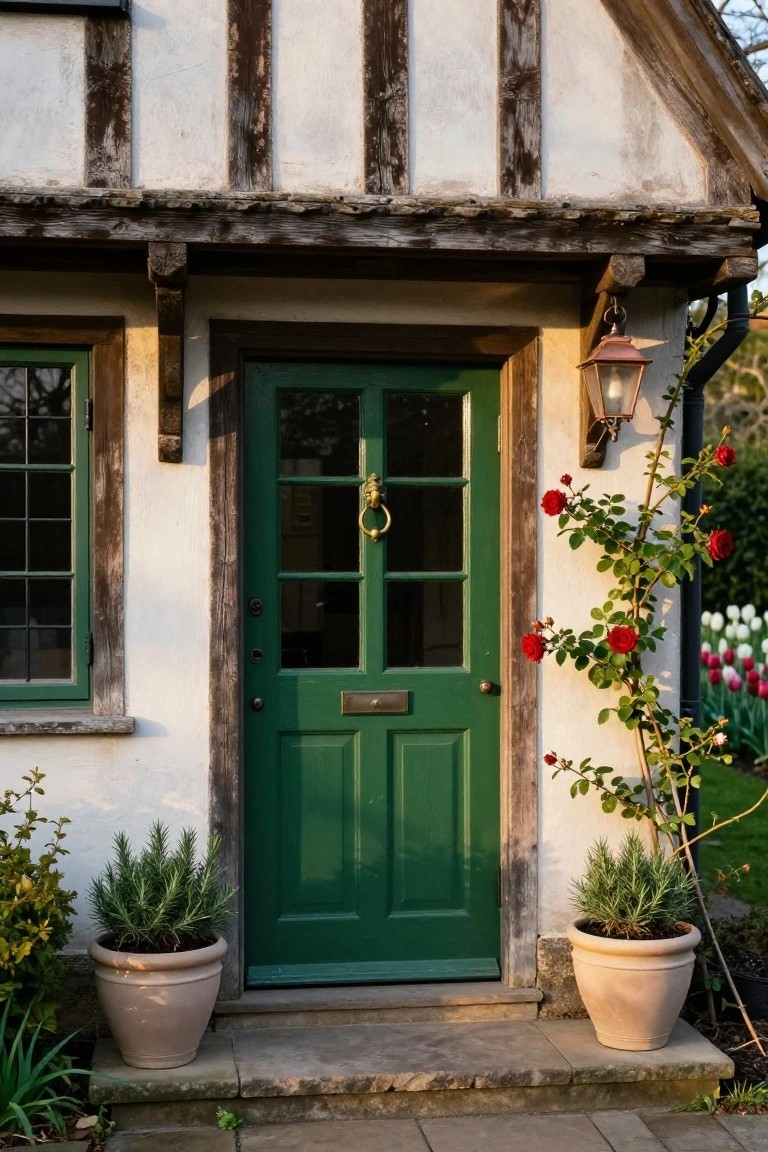 Tudor-style house exterior with white plaster walls, dark timber framing, green paneled front door with brass knocker and letterbox, flanked by terracotta pots of rosemary, climbing red roses on the wall, and tulips in the background garden.