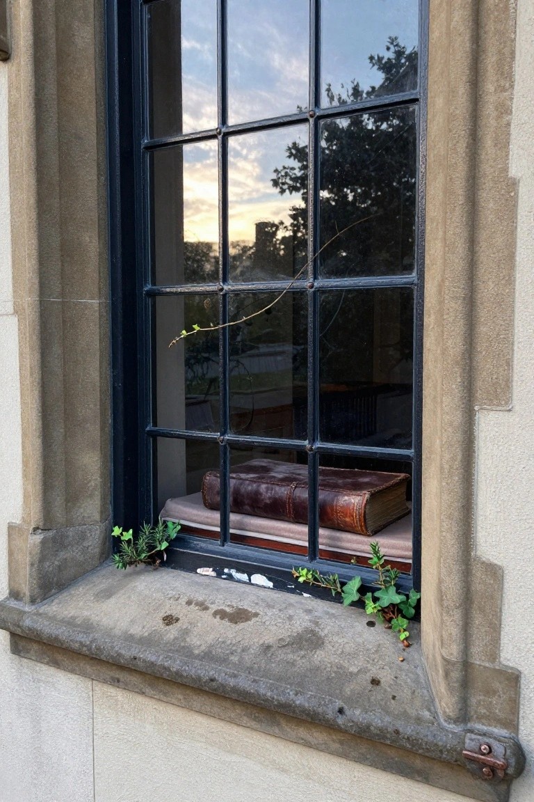 Exterior closeup of a stone Tudor-style window with black metal frames, ivy plants on the sill, and a large leather-bound book visible inside on a ledge.