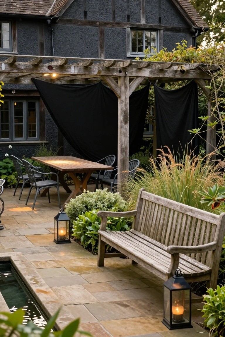 Dark Tudor-style house with black timber framing and white plaster walls overlooking a stone patio with wooden pergola draped in black fabric, dining table and chairs, wooden bench, lanterns, plants, grasses, and a small rectangular water feature.
