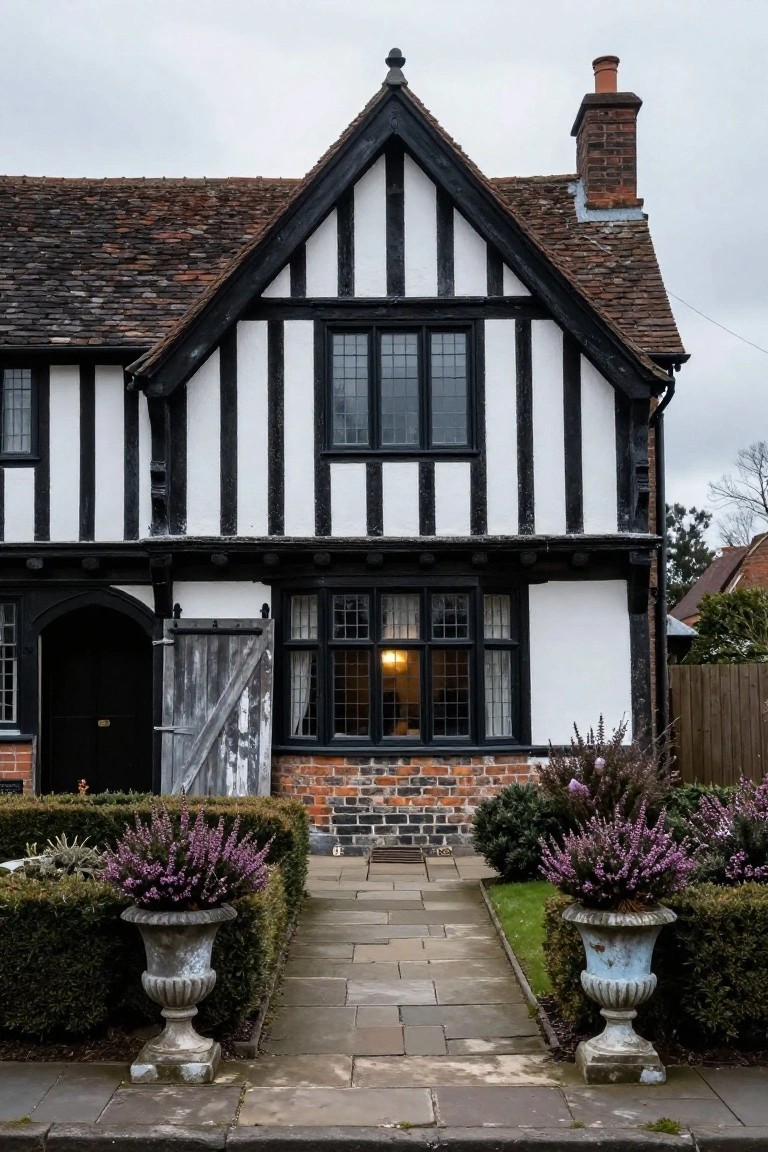 Two-story semi-detached Tudor house with black half-timber framing on white plaster walls, red tiled roof, brick base and chimney, arched entry with weathered barn door, multipaned windows, and stone urns of purple heather flanking a paved pathway.