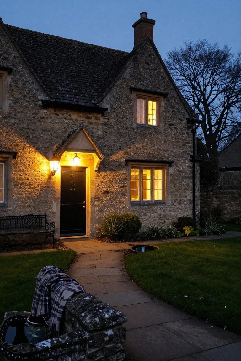 Dusk view of a stone cottage exterior with black front door lit by two wall lanterns, glowing windows, a paved pathway with bench and blanket, garden plants, and a bare tree nearby.