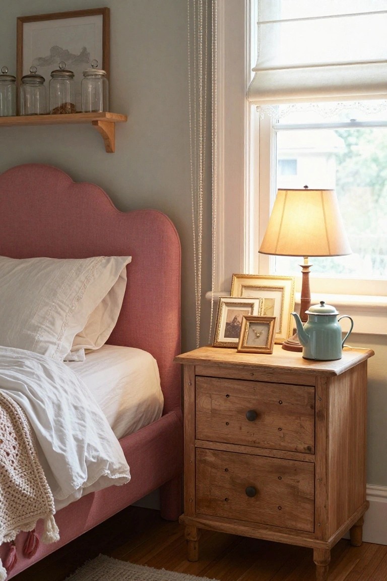 Corner view of a bedroom with a tufted pink scalloped headboard on a bed draped in white sheets and a knit throw, next to a wooden nightstand topped with a lamp, teapot, and photo frames, shelves holding glass jars above, and a window with white blinds.