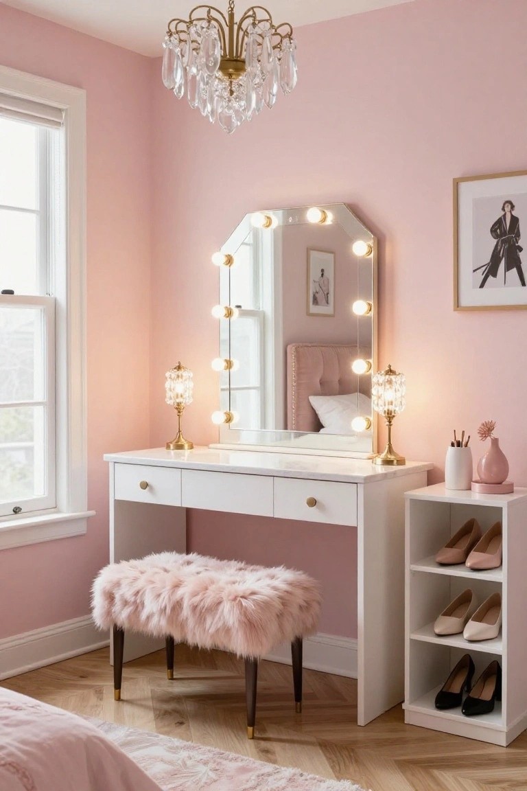 Pink-walled bedroom corner with white vanity table, lighted mirror, gold lamps, fluffy pink stool, and white shoe rack holding heels.