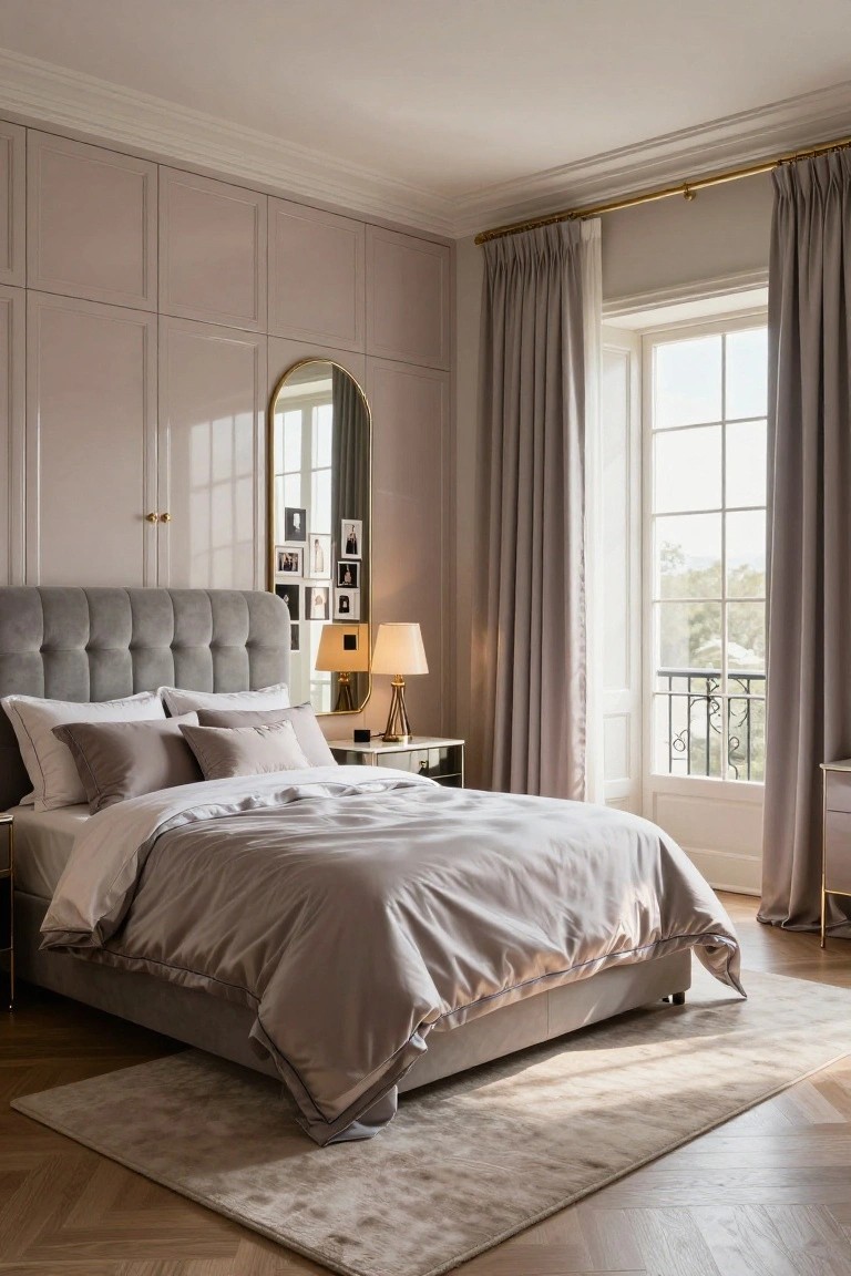 Bedroom interior with blush pink paneled wardrobes on one wall, arched gold mirror, tufted gray velvet bed with satin bedding, bedside table and lamp, and large window draped in gray curtains.