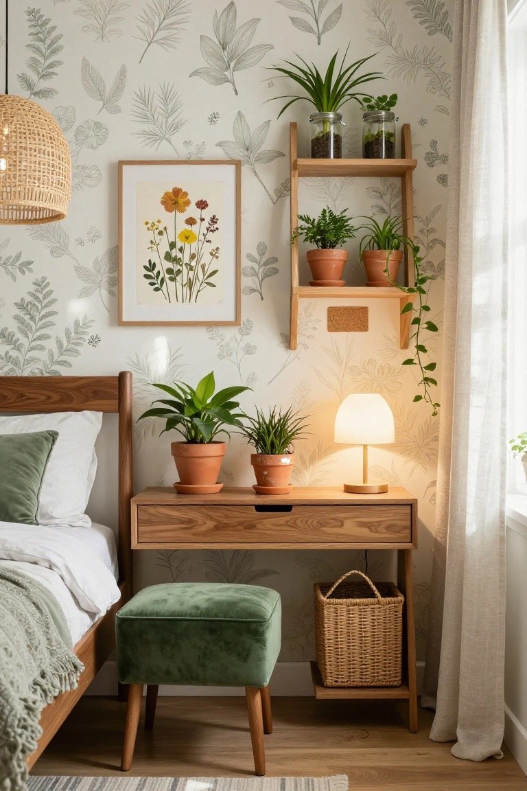 Cozy bedroom corner featuring a wooden bed with white bedding and green pillow, adjacent wooden desk topped with two potted plants and a white lamp, green velvet stool, wall-mounted wooden shelf with jars and pots of plants, botanical leaf wallpaper, rattan pendant light, and framed pressed flower art.