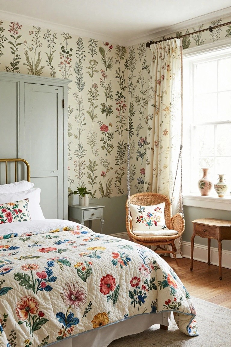 Bedroom corner with cream and green botanical floral wallpaper on walls, brass bed frame with white sheets and multicolored floral quilt, rattan swing chair with cushions hanging by window with sheer curtains, green painted wardrobe, side tables, and potted plant.