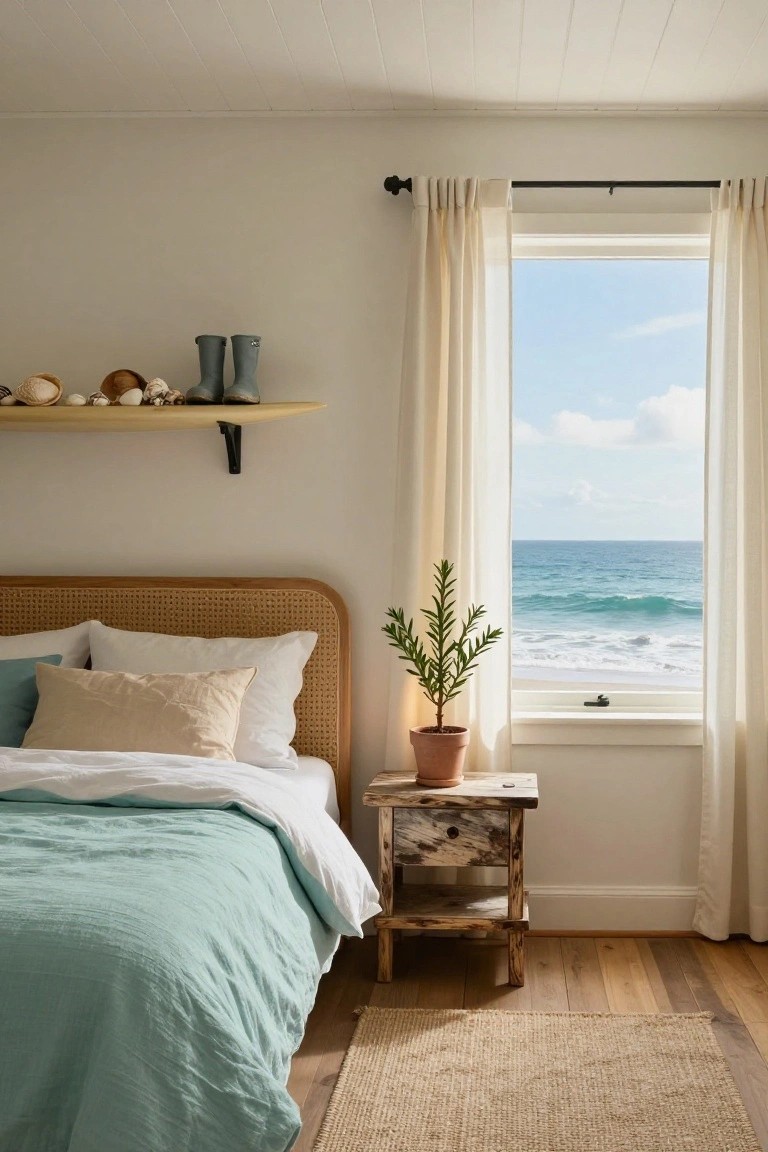Bedroom featuring a rattan headboard bed with white and mint green linens, wooden side table with potted plant, large open window overlooking ocean waves, surfboard shelf with rubber boots and seashells above, seagrass rug on wood floor.