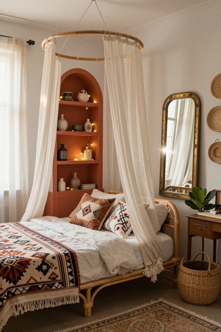 Bedroom with rattan bed under white draped canopy in terracotta arched wall niche holding pottery jars, bowls, and fairy lights, next to gold mirror, desk, plant, wicker baskets, and woven rug.