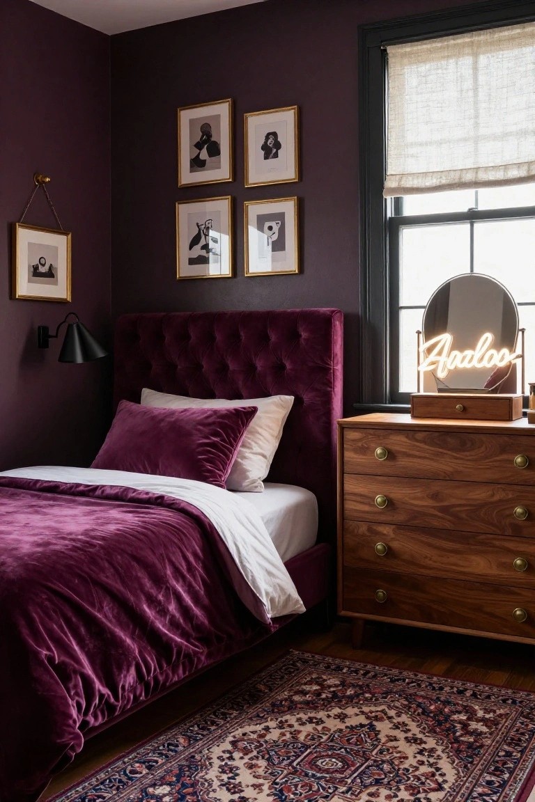 A cozy bedroom with deep purple walls, tufted purple velvet upholstered bed and bedding, wooden dresser, round mirror with glowing "Zaloo" neon sign, framed black-and-white photos, and a patterned rug on hardwood floor.