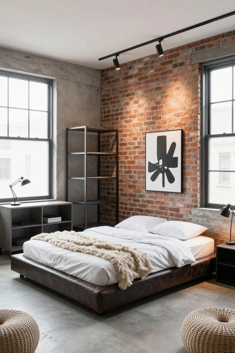 Modern bedroom with exposed red brick accent wall, low brown leather platform bed covered in white sheets and sheepskin throw, black metal shelving unit, desk with lamp, and two rattan poufs on gray concrete floor.