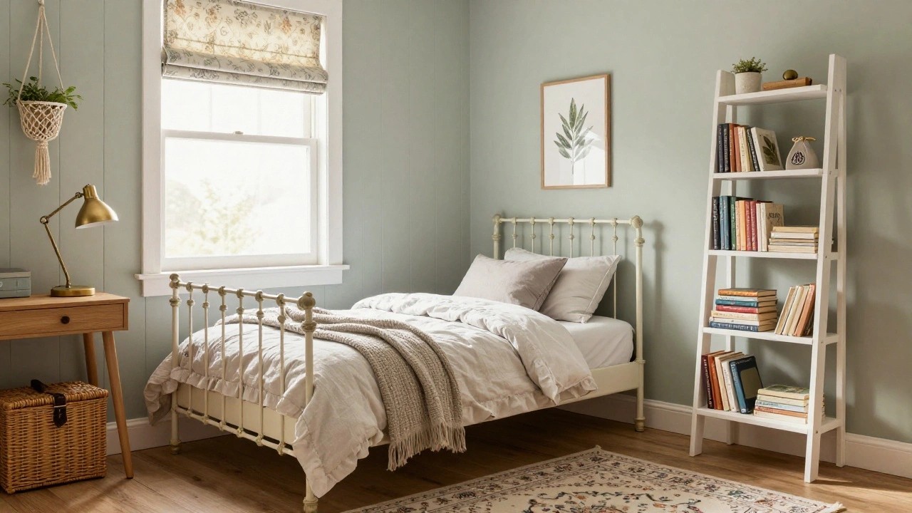 Corner of a light sage green shiplap bedroom with white iron single bed draped in white linen bedding, wooden nightstand holding gold lamp and stacked books, macrame plant hanger, leaf print artwork, floating shelf with books, wicker trunk, and beige Persian-style rug on hardwood floor.