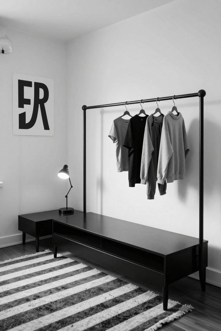 Black and white photo of a corner room setup with a black metal pipe clothes rack holding gray t-shirts, black shirt, sweatpants, and hoodie, next to a black lamp on a side table and a long black media unit on a black and white striped rug.