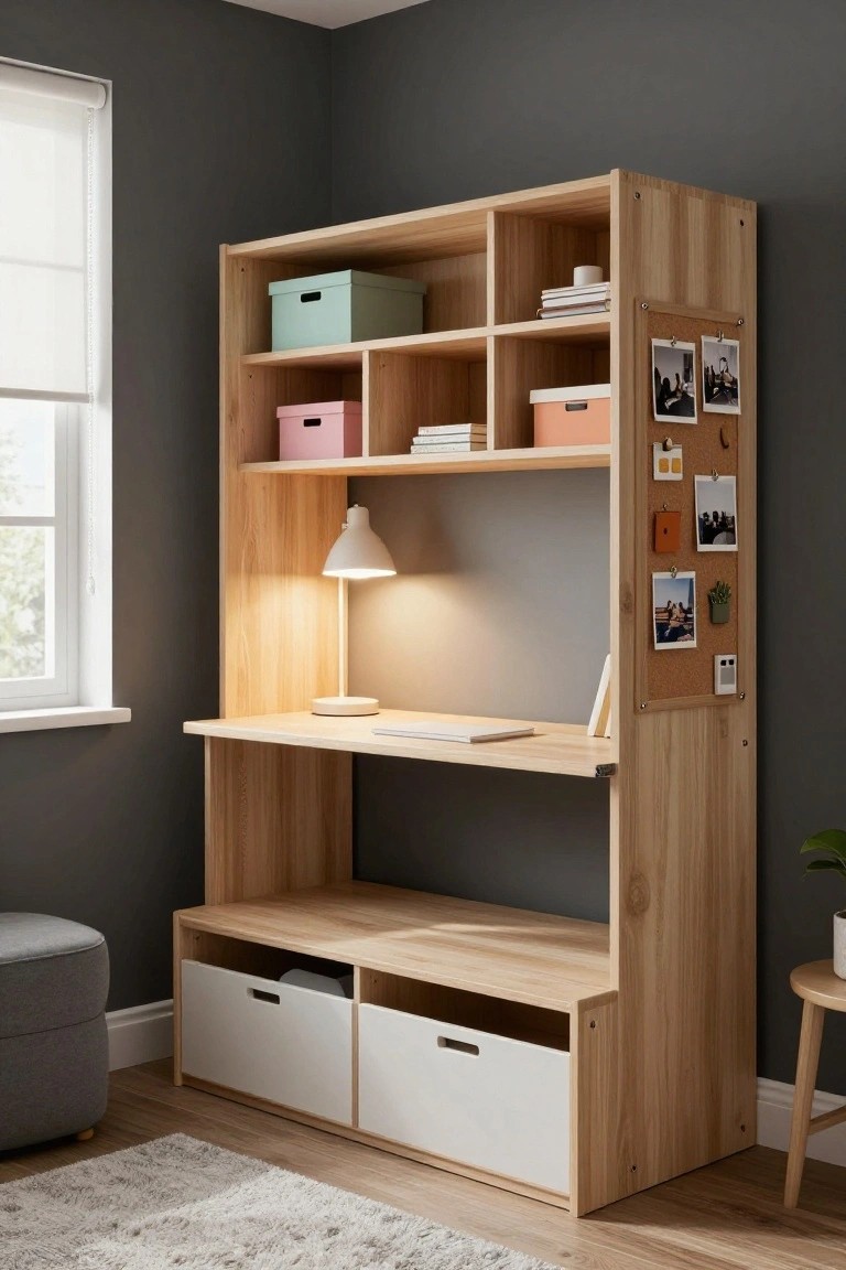Light wood corner desk unit featuring upper shelves with colored bins and books, a workspace with lamp and notebook, corkboard with pinned photos, and lower drawers in a bedroom with gray walls.