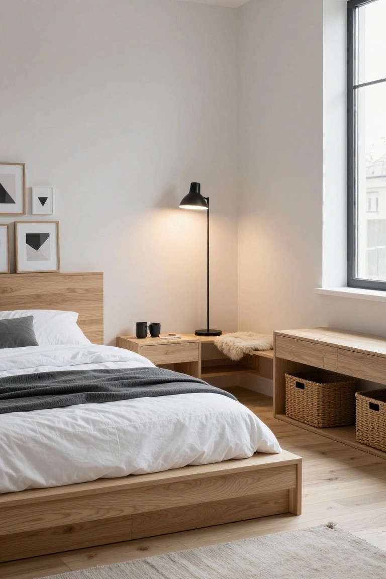Minimalist bedroom with light wood bed, black lamp, and woven baskets.