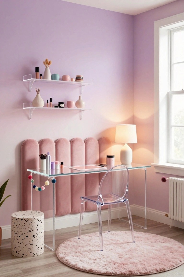Corner view of a lilac purple bedroom with pink tufted scalloped headboard, glass desk, clear acrylic chair, floating shelves with cosmetics and vases, pink rug, and potted plant.