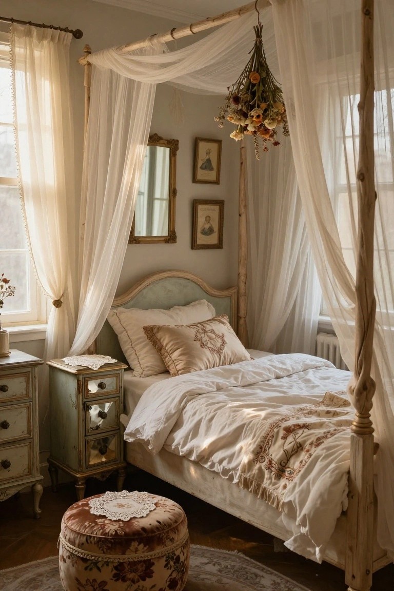 A bedroom with a canopy bed featuring white sheer drapes from wooden posts over a curved light green headboard, white bedding, vintage furniture, a footstool, and hanging dried flowers near windows.