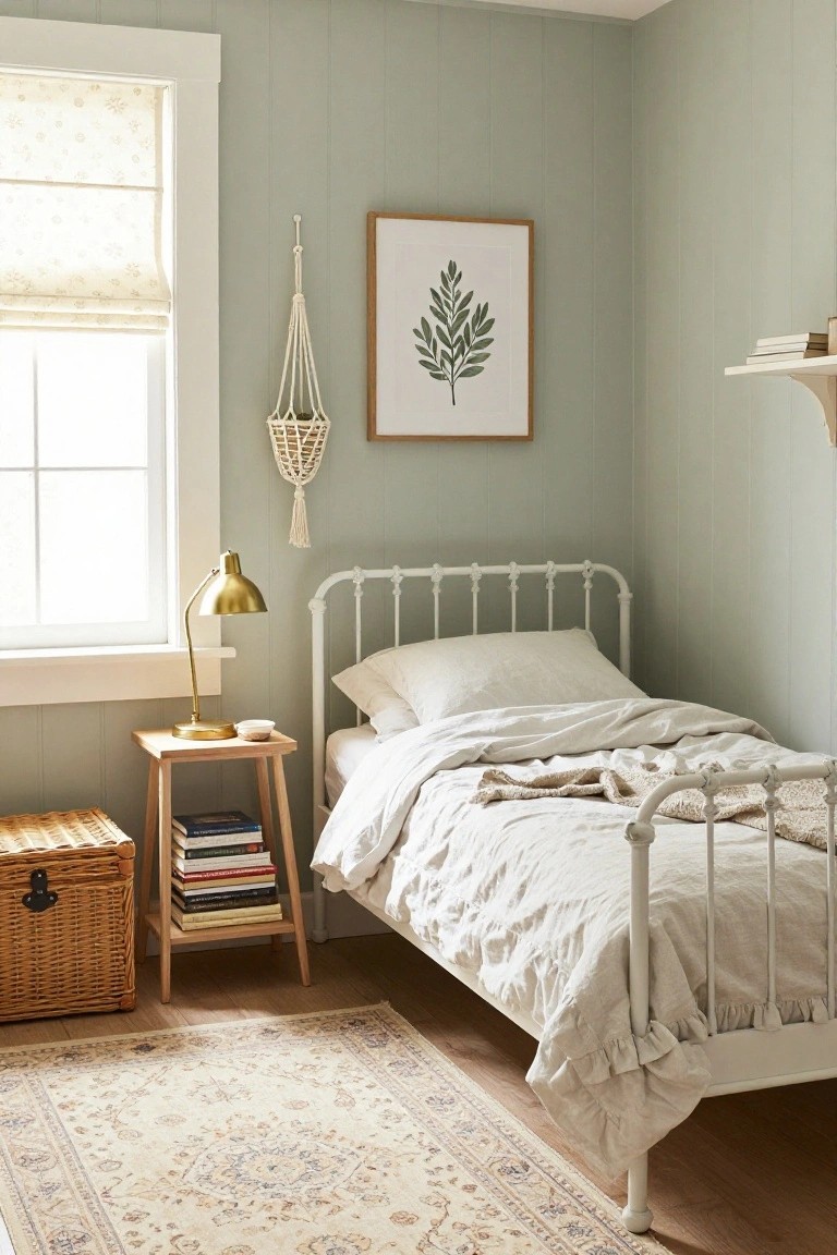 Corner of a light sage green shiplap bedroom with white iron single bed draped in white linen bedding, wooden nightstand holding gold lamp and stacked books, macrame plant hanger, leaf print artwork, floating shelf with books, wicker trunk, and beige Persian-style rug on hardwood floor.