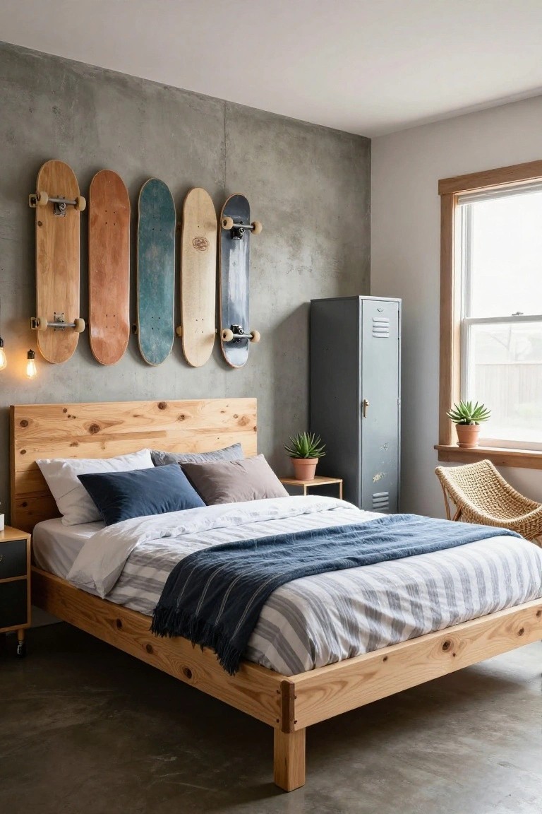 A bedroom with a gray concrete accent wall displaying five vertically mounted skateboards in various wood tones, a wooden bed frame with blue and gray bedding, a tall gray metal locker, potted succulents, and a rattan chair.